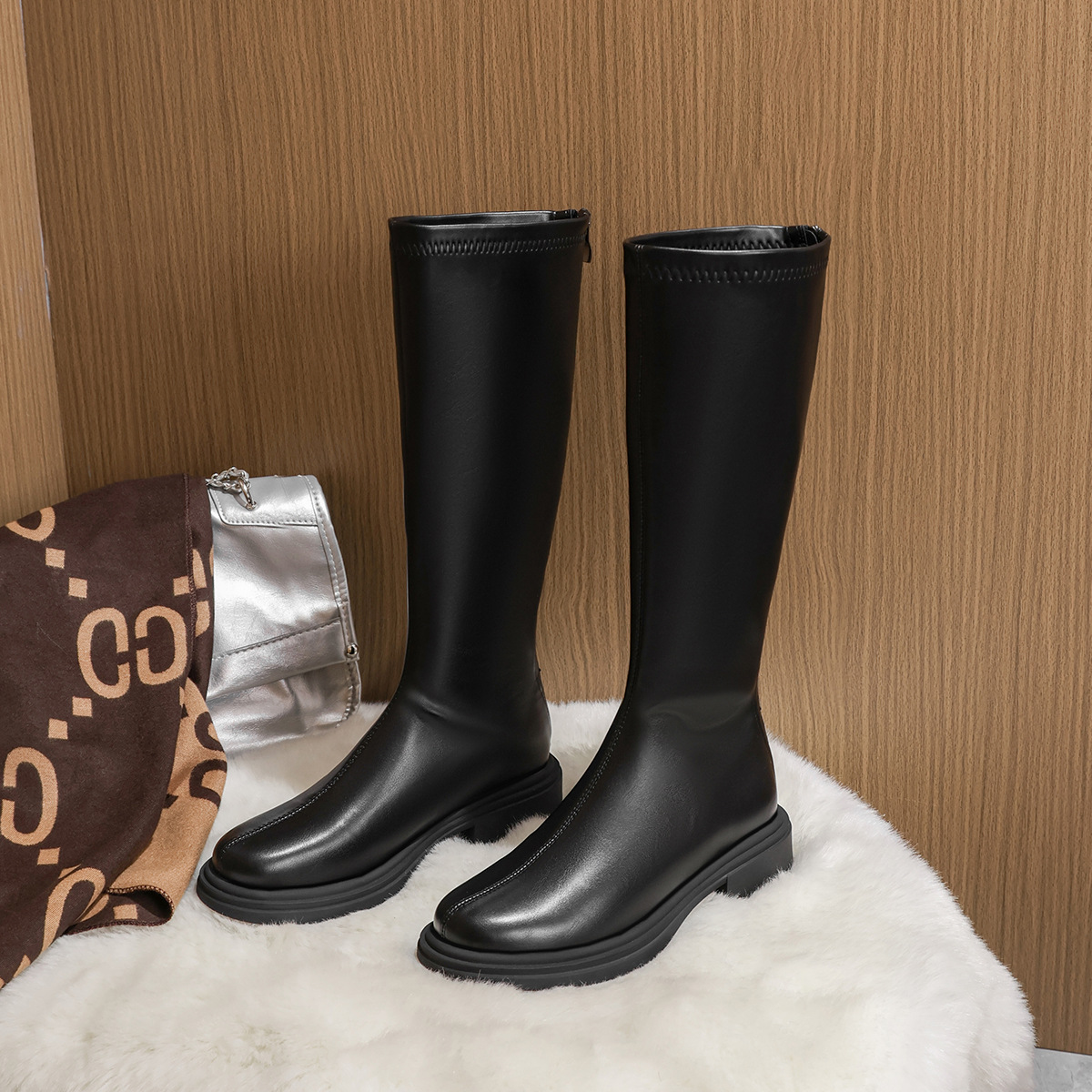 长筒靴不过膝显瘦骑士靴子弹力圆头厚底粗跟后拉链百搭黑色长靴