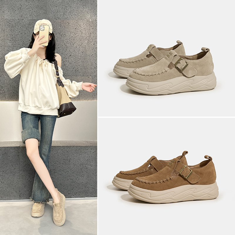 头层牛皮厚底勃肯鞋女2025秋季新款中式小个子复古皮带扣休闲鞋