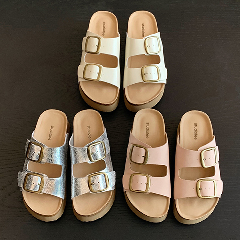 厚底增高沙滩勃肯拖鞋复古双扣带夏季外穿2024年新款矮个子拖鞋