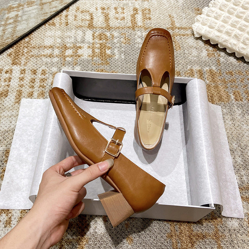 真皮玛丽珍小皮鞋棕色粗跟单鞋女方头小众法式丁字扣带复古,女鞋,乐福鞋（豆豆鞋）,淘宝优惠券,粉丝福利购,淘宝优惠卷