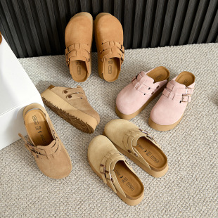 厚底勃肯鞋女真皮牛反绒包头半拖鞋外穿日系博肯鞋矮个子增高6CM