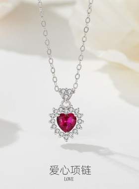欧美项链不掉色女S925纯银爱心锁骨链彩色锆石水晶跨境小众项链