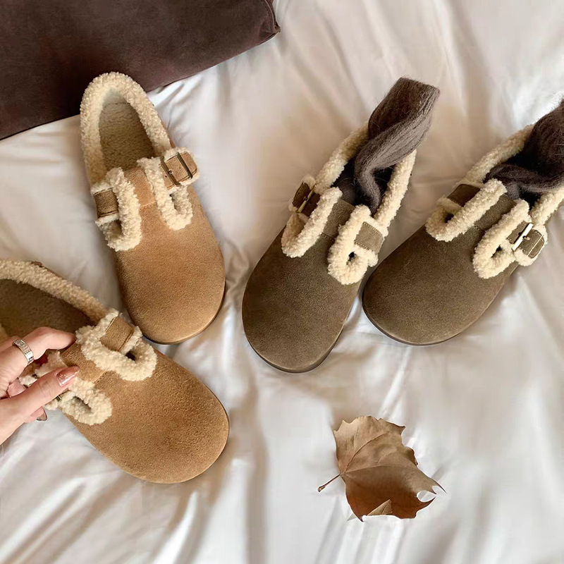 葡萄妈同款羊羔毛勃肯鞋女冬复古加绒保暖毛毛鞋百搭平底休闲棉鞋