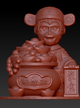 孙悟空摆件猴子聚宝盆STL三维立体圆雕图3D模型财神STL立体图