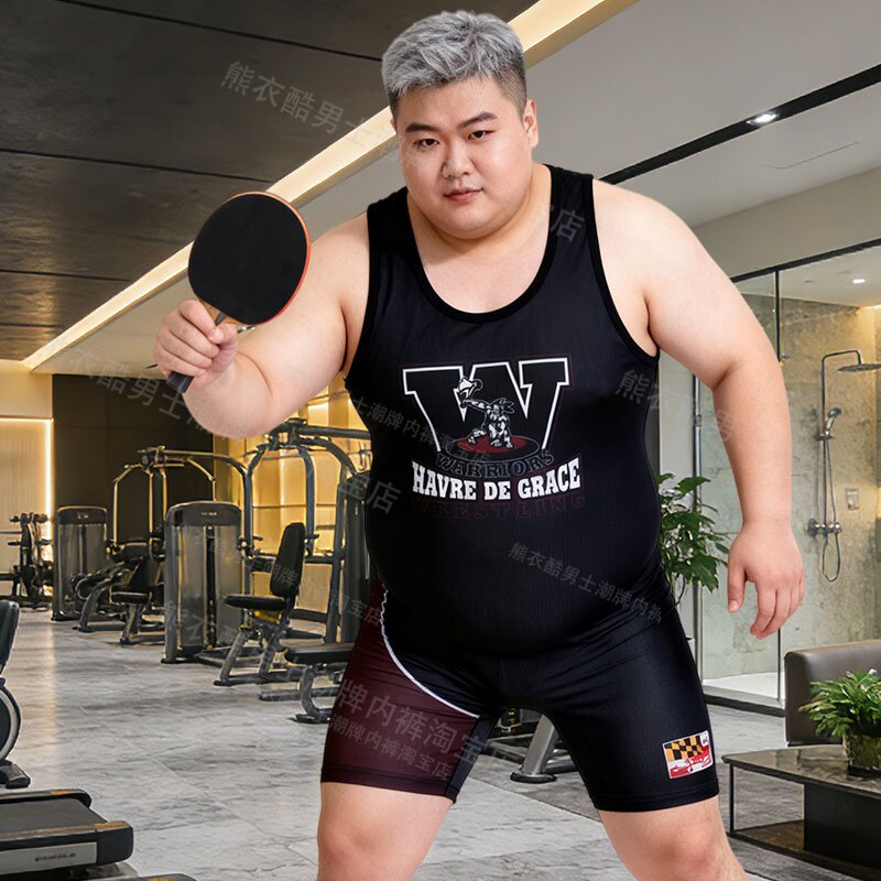 4XL男士摔跤服大码连体裤运动健身紧身连体背心性感弹力胖子胖人
