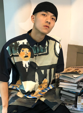 THRILLSCREW动漫印花黑色幽默涂鸦宽松短袖衬衫国潮衬衣男