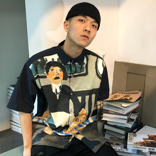 THRILLSCREW动漫印花黑色幽默涂鸦宽松短袖 国潮衬衣男 衬衫