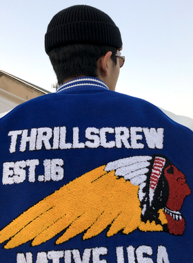 ThrillsCrew印第安元素毛巾刺绣蓝色廓形长袖外套棒球服夹克情侣