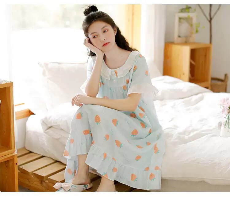 断码特价睡裙女纯棉双层纱布可爱小草莓套头圆领短袖宽松连衣裙