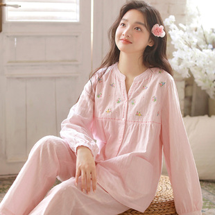 睡衣女春夏薄款 长裤 空调家居服套装 纯棉双层纱布粉嫩碎花全棉长袖