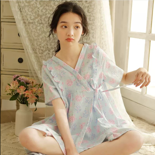 日系睡衣女春夏短袖中裤纯棉双层纱布碎花可爱和式和服汗蒸服套装
