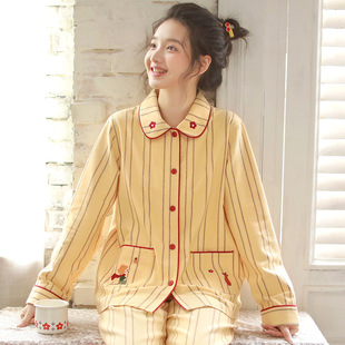 秋冬睡衣女高工刺绣纯棉磨毛小王子卡通刺绣条纹家居服长袖套装