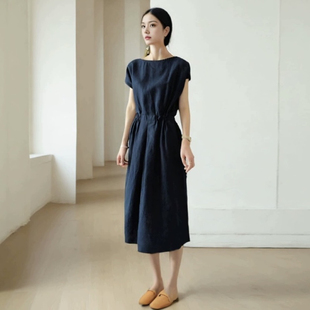 高级感女装 气质收腰法式 中长款 原创高端设计棉麻亚麻连衣裙子夏季