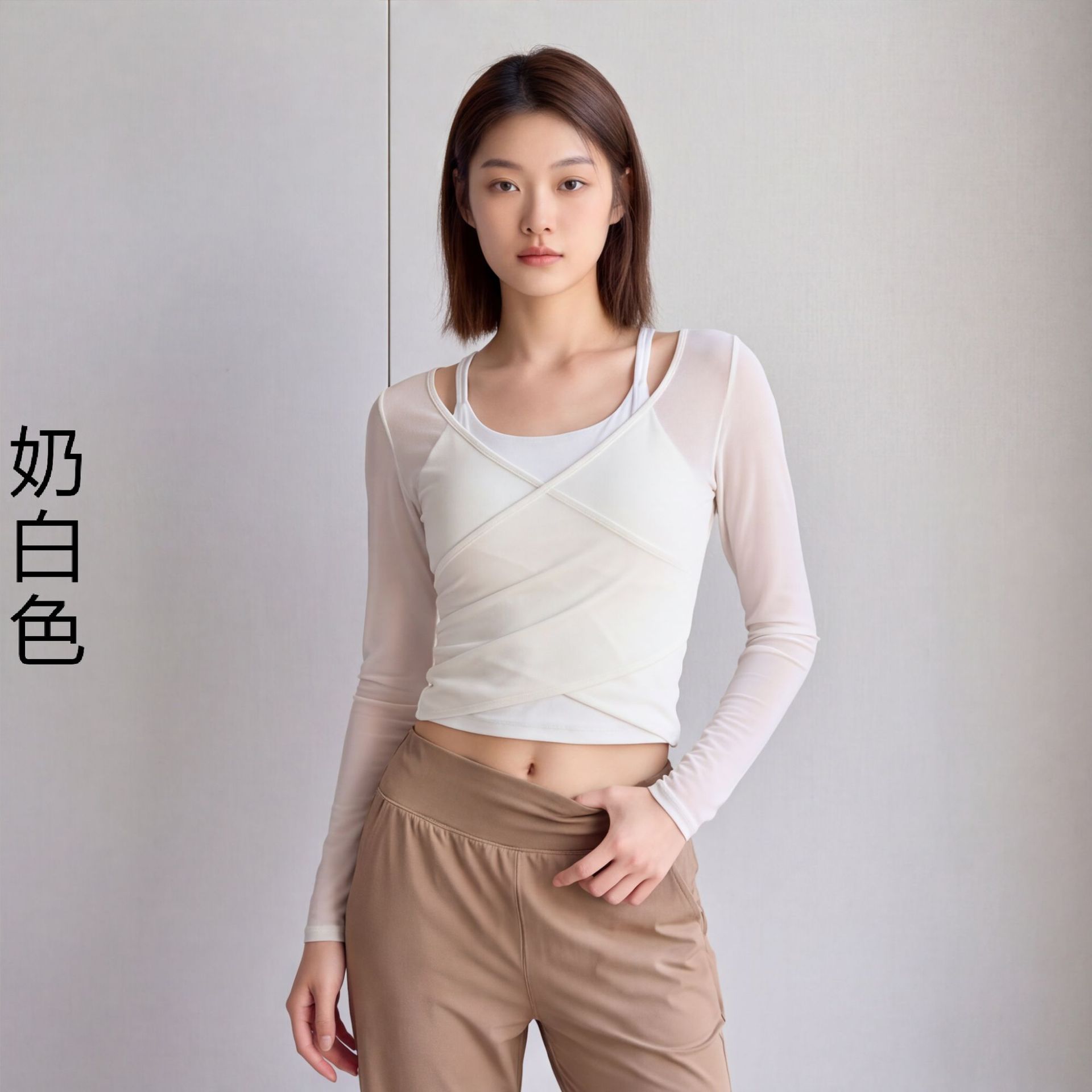 假两件网纱罩衫女式交叉V领褶皱收腰长袖健身服弹力舞蹈瑜伽上衣