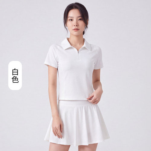 网球服套装女翻领半拉链短袖T恤高腰内置安全裤短裙健身休闲套装