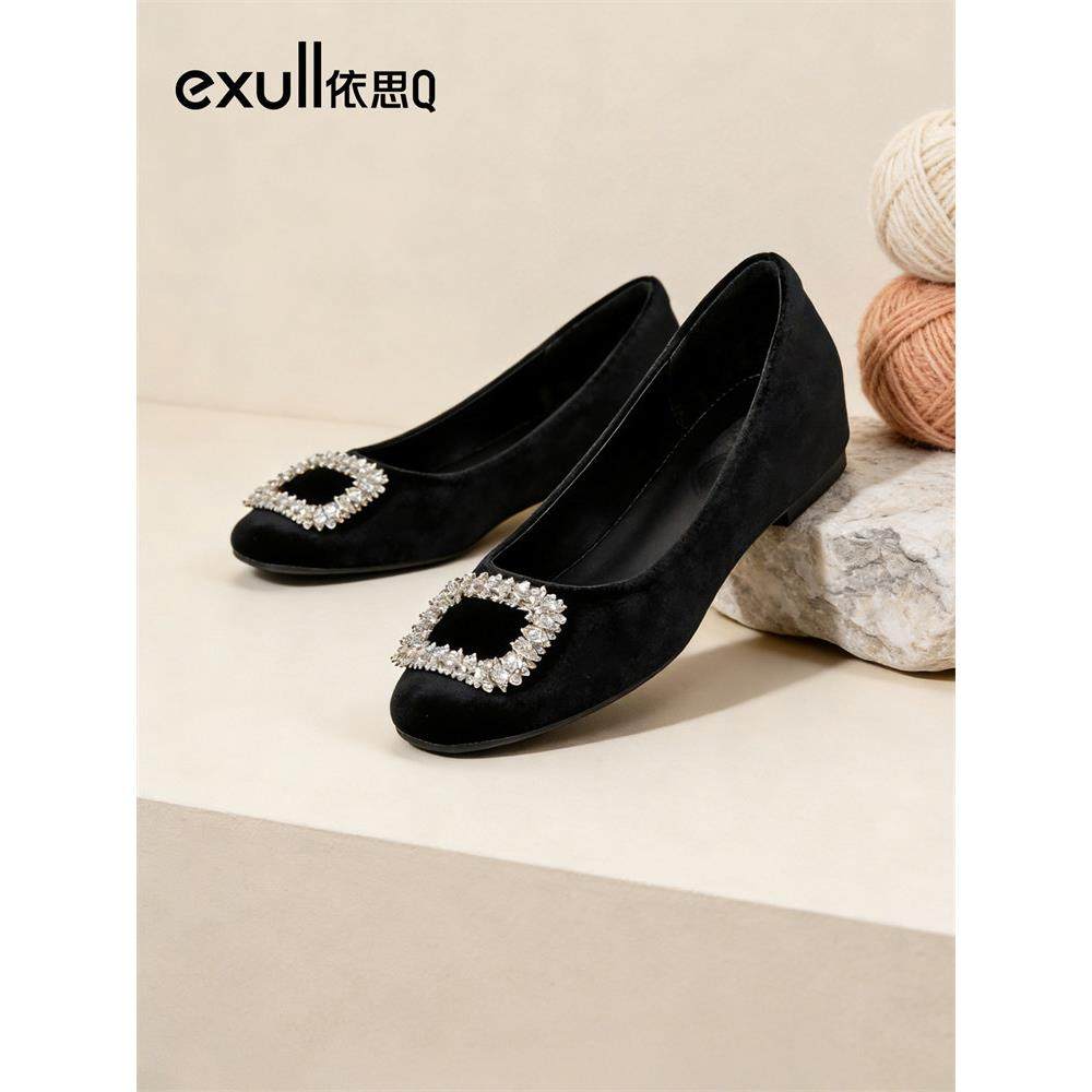 依思q法式绝美小单鞋女2025新款黑色通勤丝绒面浅口方扣低跟瓢鞋,女鞋,浅口单鞋,淘宝优惠券,粉丝福利购,淘宝优惠卷