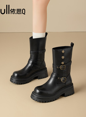 依思q棕色短靴女2025秋季新款女士爆款中筒靴复古厚底美拉德靴子