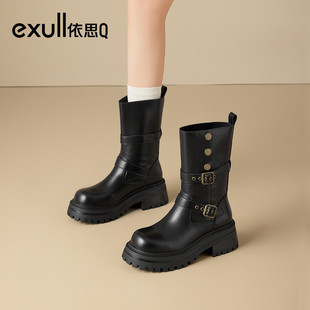 依思q棕色短靴女2025秋季新款女士爆款中筒靴复古厚底美拉德靴子