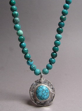 天然绿松石圆珠项链 925纯银吊坠 手工原矿松石镶嵌 特价