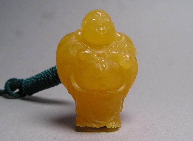 纯天然蜜蜡雕刻弥勒佛立体吊坠 琥珀坠 项链 苏州工艺 绿松石配珠