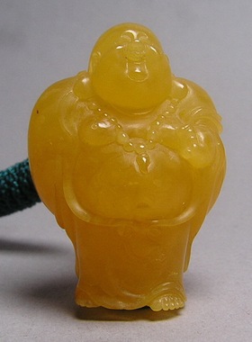 纯天然蜜蜡雕刻弥勒佛立体吊坠 琥珀坠 项链 苏州工艺 绿松石配珠