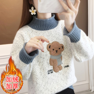 2025冬季加绒加厚学生毛衣初中高中半高领上衣百搭甜美卡通少女装