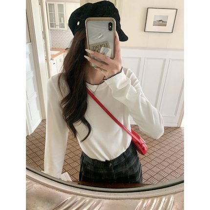 3th Morning 小众设计 撞色花边刺绣圆领显瘦长袖T恤ZY3485