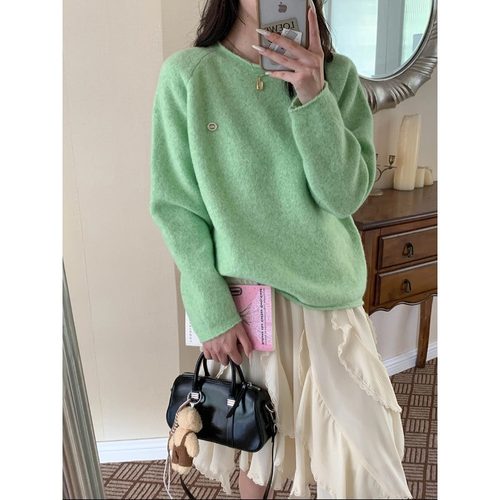 韩系温柔风卷边插肩袖针织衫毛衣