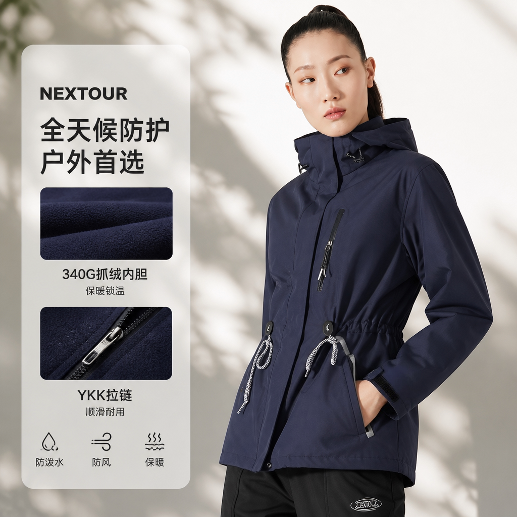 纳趣户外冲锋衣女秋冬三合一可拆卸两件套中长款雪山防风防水外套