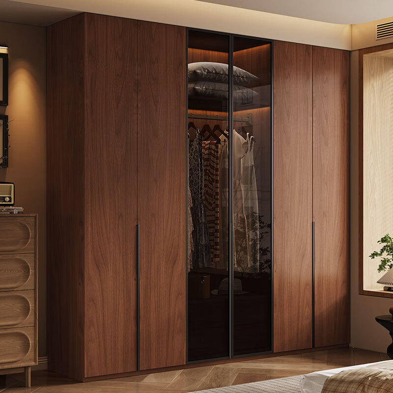 中古风2025新款玻璃门实木橡木家用卧室衣柜广东佛山原木风格定制