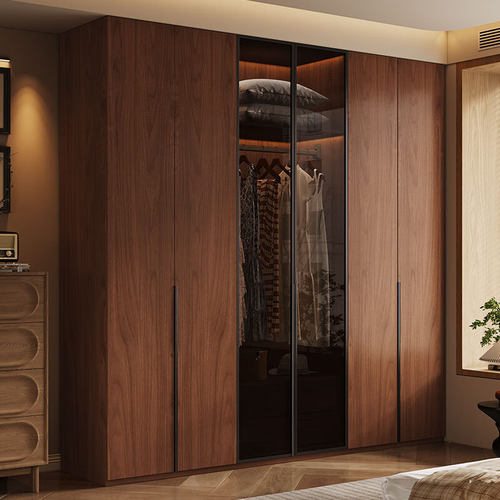 中古风2025新款玻璃门实木橡木家用卧室衣柜广东佛山原木风格定制
