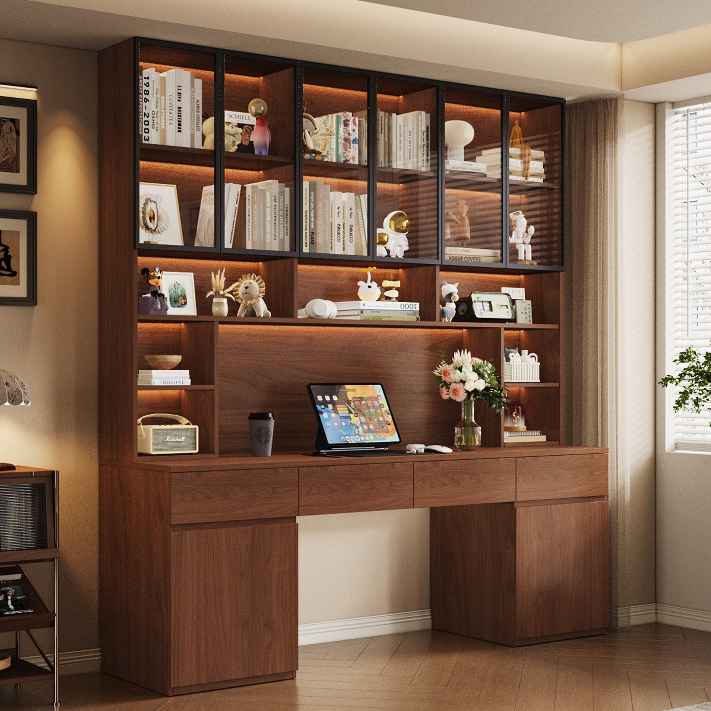 中古风胡桃色广东佛山全实木橡木定制家用书桌卧室作业桌一体靠墙