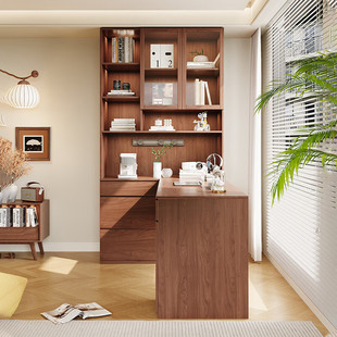 橡木实木转角书柜书桌一体学习桌家用胡桃色办公电脑桌