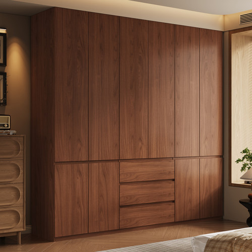 广东佛山工厂定制全实木衣柜橡木家用卧室胡桃色中古风大衣橱复古