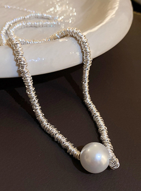 金属冷淡风几何碎银珍珠项链女高级感个性气质锁骨链银色项饰品潮