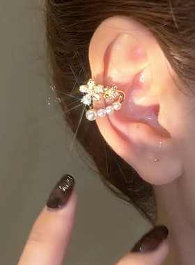 微镶锆石温柔花朵珍珠耳骨夹女耳环小众高级感轻奢简约无耳洞耳夹