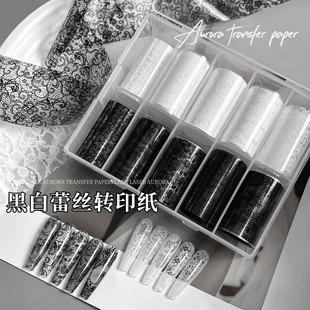 2026新款美甲黑白蕾丝转印纸带背胶法式镂空网纹10格指甲装饰贴纸