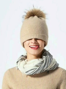 美翻天 CASHMERE山羊绒帽毛球帽 紫绒青绒帽毛线帽针织秋冬女