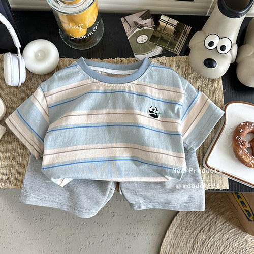 男女童夏季新款短袖套装儿童宝宝清新蓝色条纹熊猫短裤休闲两件套
