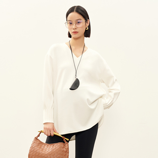 BELLYWEAR孕妇装 白色软糯宽松休闲V领高级感百搭可外穿长T恤 春季