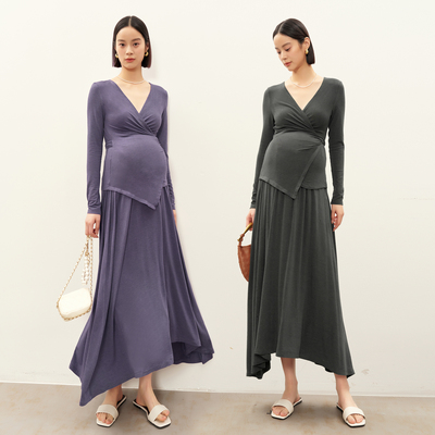 BELLYWEAR孕妇装时尚套装夏季新款法式高级感V领慵懒针织哺乳套装