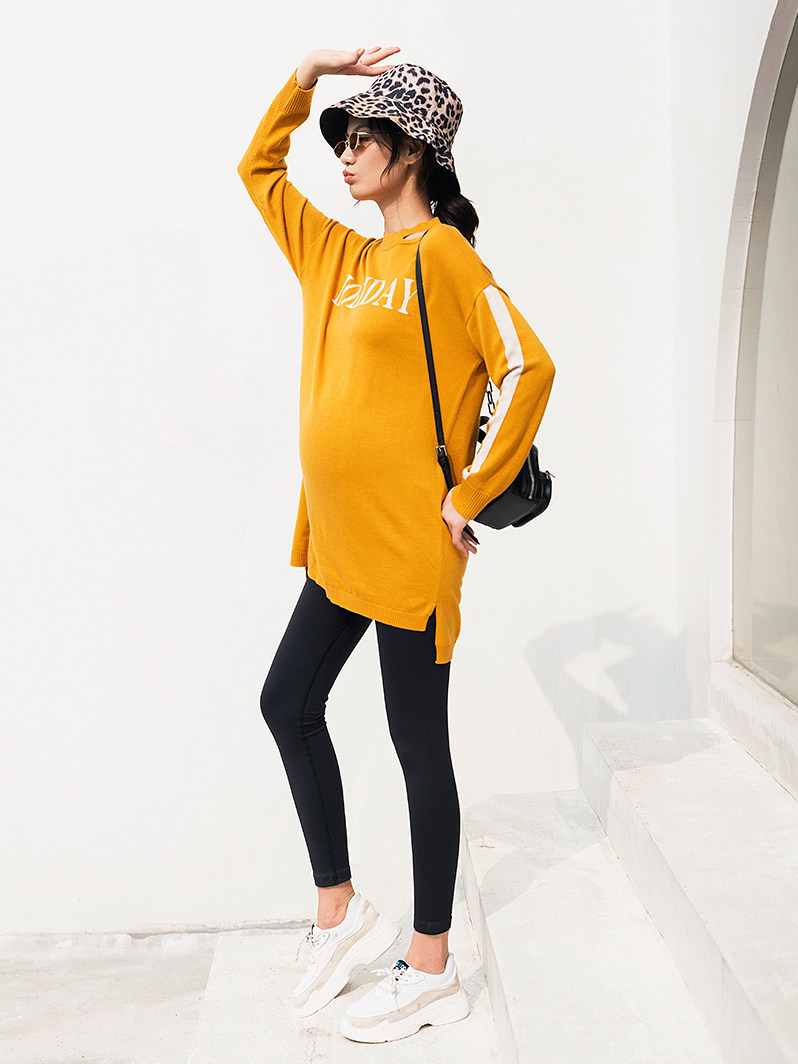 BELLYWEAR 출산 가을 겨울 스웨터 탑 세련된 느슨한 긴팔 중공 라운드 넥 레터 풀오버