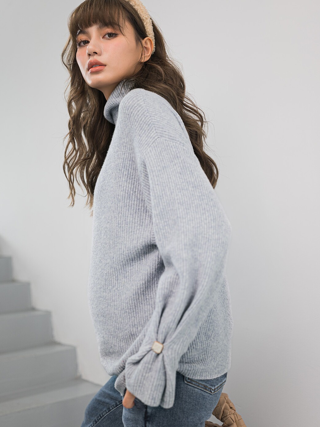 BELLYWEAR 출산 스웨터 겨울 패션 미스티 블루 그레이 터틀넥 조절 가능한 커프스 가을 겨울 탑