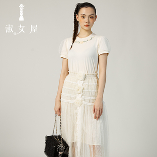 淑女屋2025夏季新品T恤玫瑰花公主②号泡泡纱短袖绣花全棉上衣