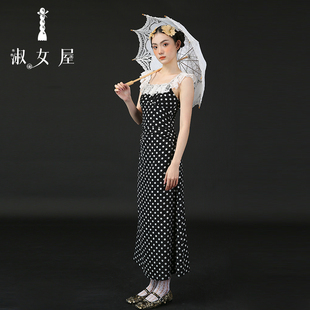 淑女屋官方旗舰店修身 连衣裙长裙 显瘦圆点撞色小众甜美公主裙无袖
