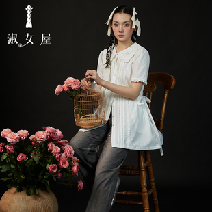 淑女屋2025新品玫瑰公主衬衣②号翻领短袖衬衫女款棉上衣