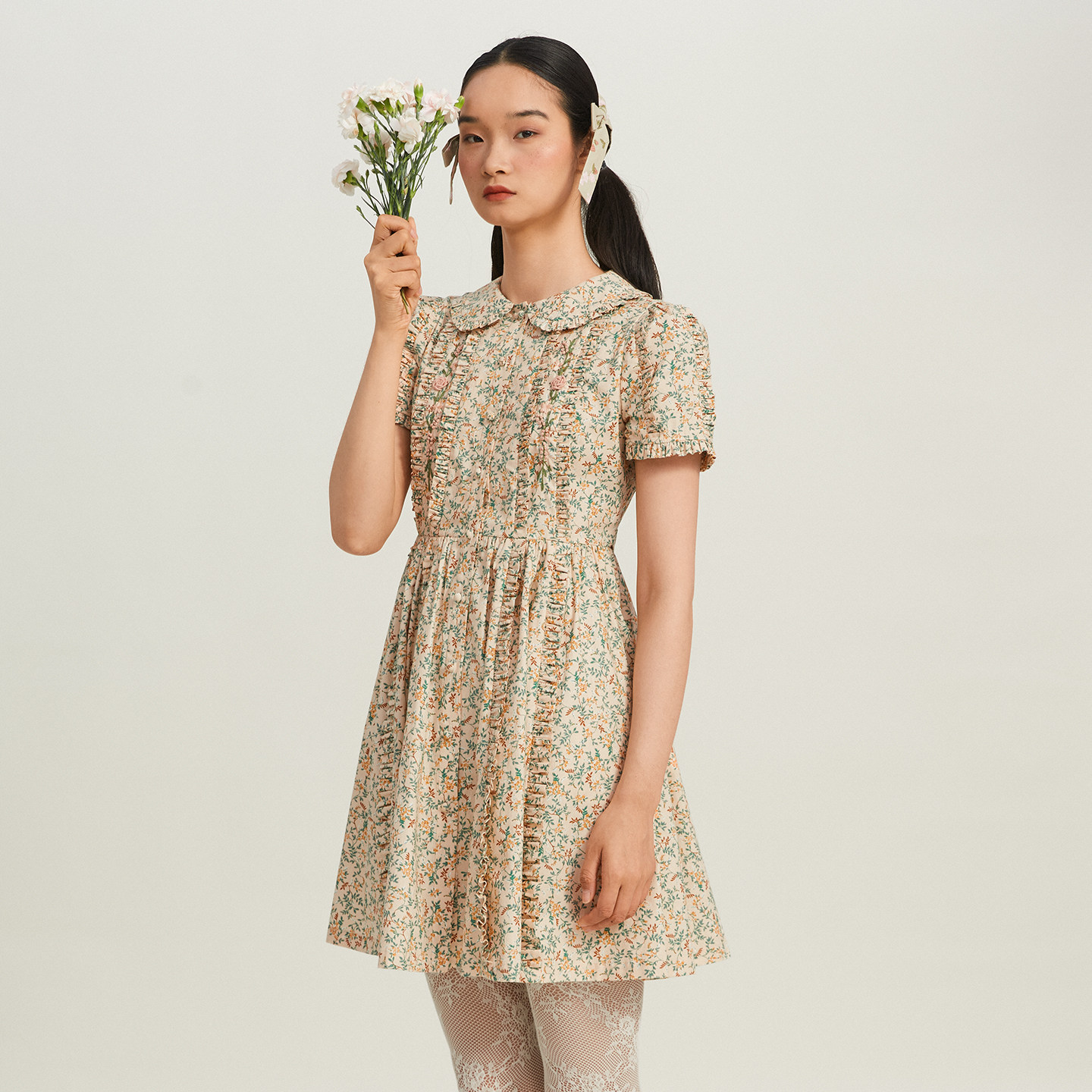淑女屋官方旗舰店花花草草荷叶短连衣裙时尚经典宽松简仙女裙碎花