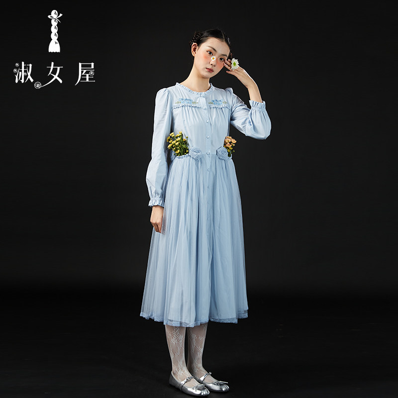 淑女屋春秋款绣花公主咪咪连衣裙棉荷叶边长袖手工玫瑰公主裙