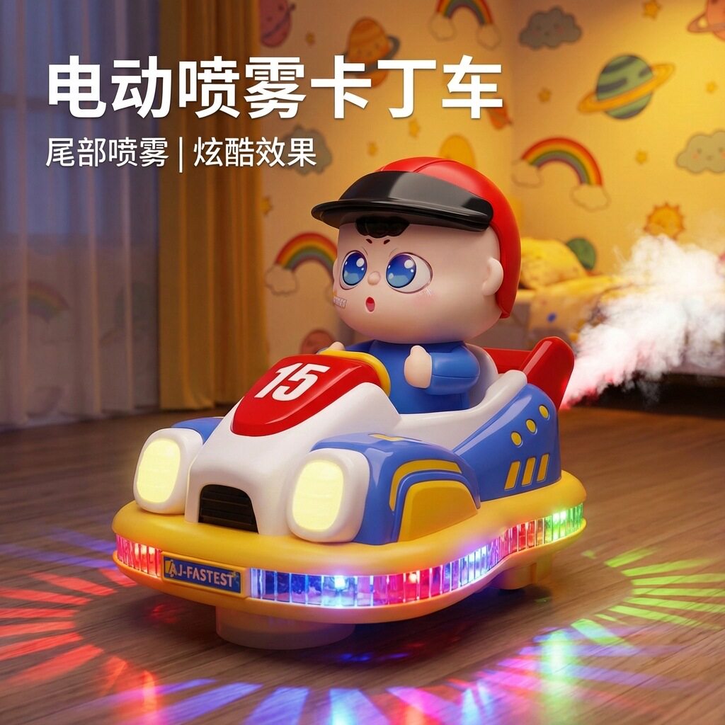 爆款儿童卡通卡丁车电动喷雾碰碰车玩具灯光音乐避障汽车男孩玩具