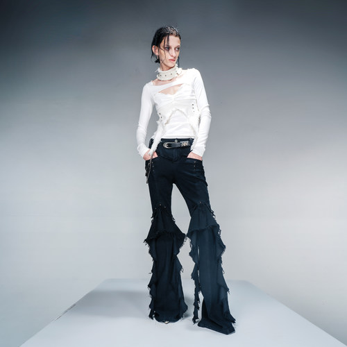 NN-NORTH NODE “成蝶的佐证”针织拼咔叽布毛边打底衫上衣